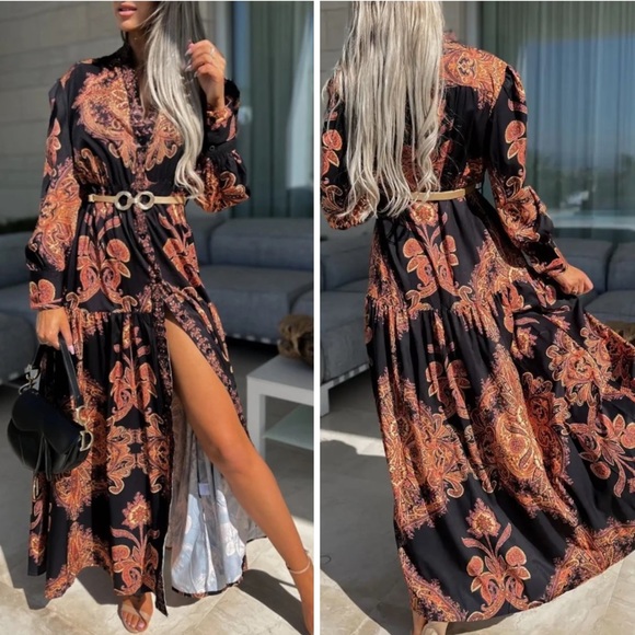 🌺 PAISLEY DRESS LONG SLEEVE MAXI BUTTON DOWN OPENS UP CHIC CLASSY RUFFLE AYBA - Picture 6 of 6